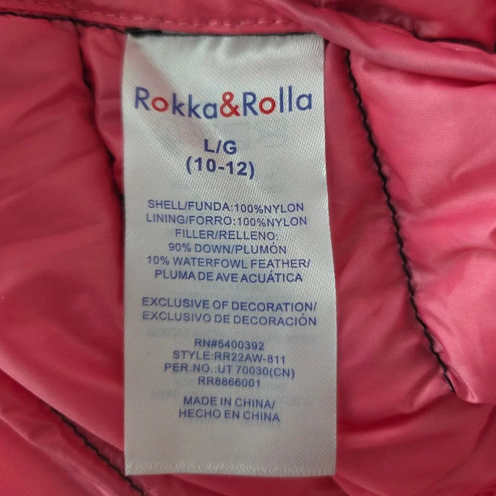 Rokka & Rolla Kids Black Down Puffer Jacket Hooded Packable Pink Zip Sz L 10-12‎